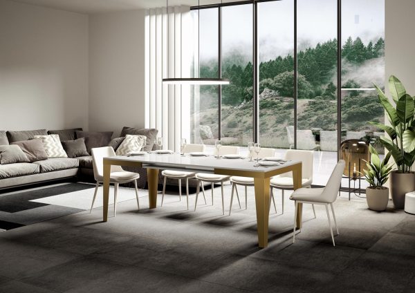 Tavolo Flame Evolution piano Bianco Frassino 90x120 Allungato 224 telaio oro - immagine 2