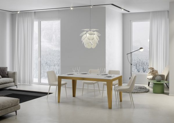 Tavolo Flame Evolution piano Bianco Frassino 90x120 Allungato 224 telaio oro