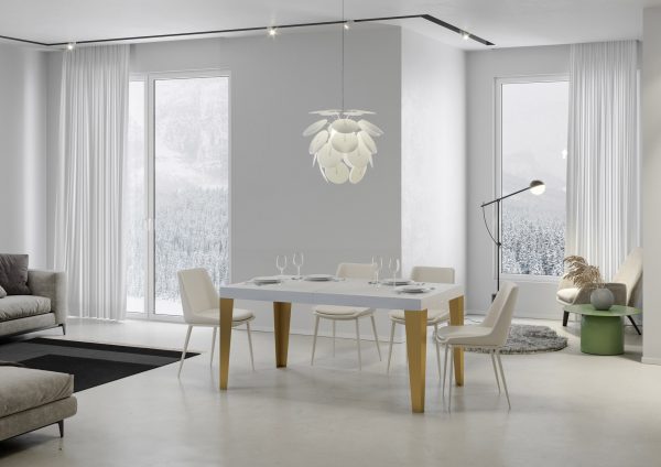 Tavolo Flame Allungabile piano Bianco Frassino 90x180Allungato 284 telaio oro