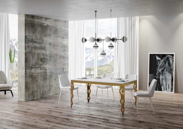 Tavolo Karamay Evolution piano Bianco Frassino 90x120 Allungato 224 telaio oro