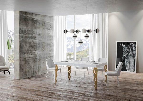Tavolo Karamay Allungabile piano Bianco Frassino 90x160 Allungato 264 telaio oro