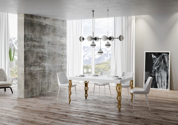 Tavolo Karamay Allungabile piano Bianco Frassino 90x130 Allungato 390 telaio oro