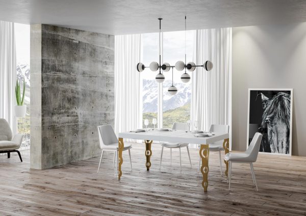Tavolo Karamay Allungabile piano Bianco Frassino 90x130 Allungato 234 telaio oro