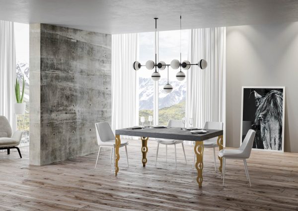 Tavolo Karamay Allungabile piano Cemento 90x130 Allungato 234 telaio oro