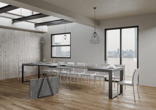 Tavolo Tecno Allungabile piano Cemento 90x130 Allungato 390 telaio Antracite - immagine 4