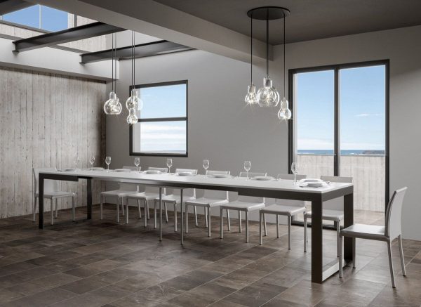 Tavolo Tecno Evolution piano Bianco Frassino 90x160 Allungato 90x420 telaio Antracite - immagine 5