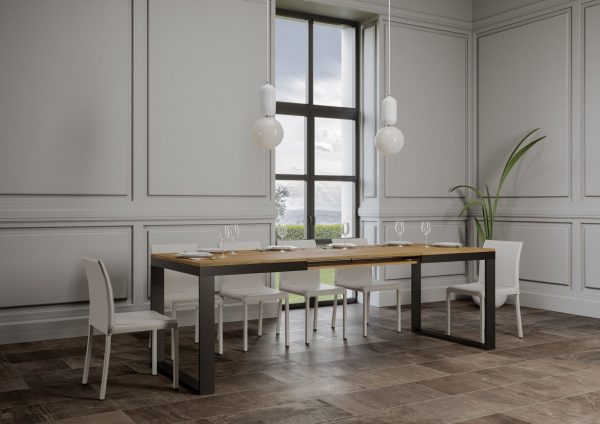 Tavolo Tecno Evolution piano Quercia Natura 90x160 Allungato 90x264 telaio Antracite - immagine 3
