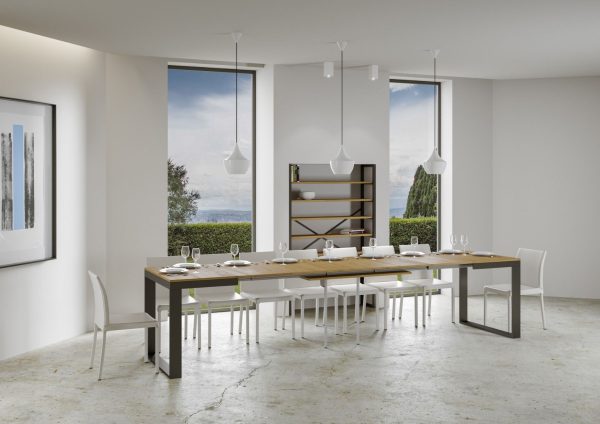 Tavolo Tecno Evolution piano Quercia Natura 90x120 Allungato 90x380 telaio Antracite - immagine 3