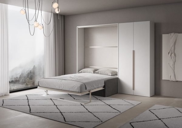 Letto francese verticale a scomparsa Versia Sofà 140 con divano, mensola e armadio dx 2 ante Bianco - immagine 3