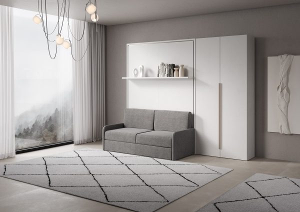 Letto francese verticale a scomparsa Versia Sofà 140 con divano, mensola e armadio dx 2 ante Bianco - immagine 2