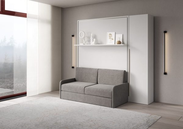 Letto francese verticale a scomparsa Versia Sofà 140 con divano, mensola e armadio 1 anta dx Bianco - immagine 2