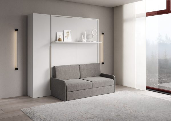 Letto francese verticale a scomparsa Versia Sofà 140 con divano, mensola e armadio 1 anta sx Bianco - immagine 2