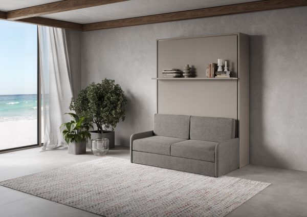 Letto francese verticale a scomparsa Versia Sofà 140 con divano e mensola Argilla - immagine 2