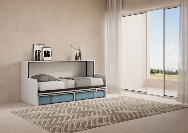Letto singolo a scomparsa Kando con divano bianco frassino, azzurro - immagine 3