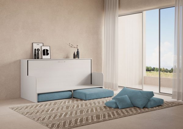 Letto singolo a scomparsa Kando con divano bianco frassino, azzurro - immagine 4