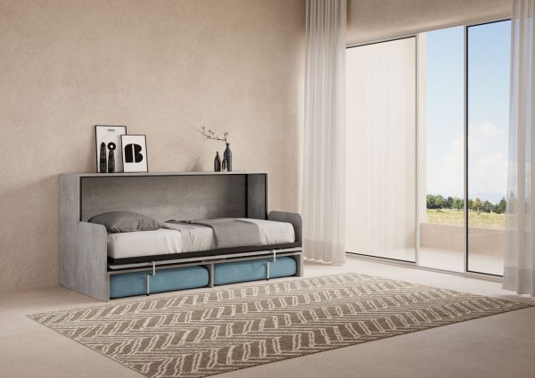 Letto singolo a scomparsa Kando con divano cemento, azzurro - immagine 2