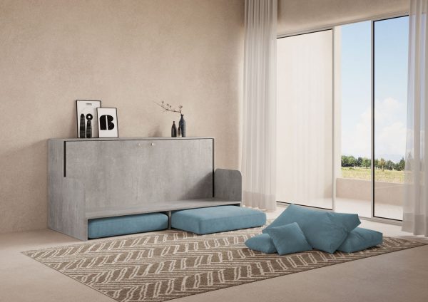 Letto singolo a scomparsa Kando con divano cemento, azzurro - immagine 3