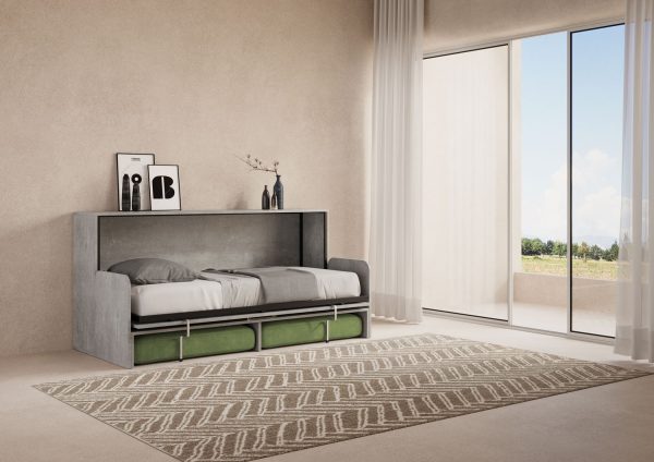 Letto singolo a scomparsa Kando con divano cemento, verde - immagine 3