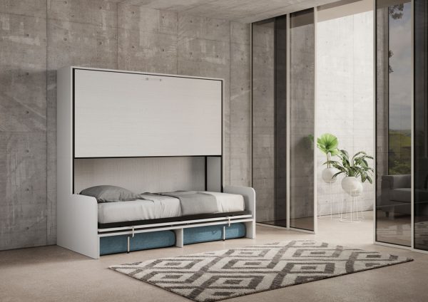 Letto doppio a scomparsa Kando con divano bianco frassino, azzurro - immagine 4