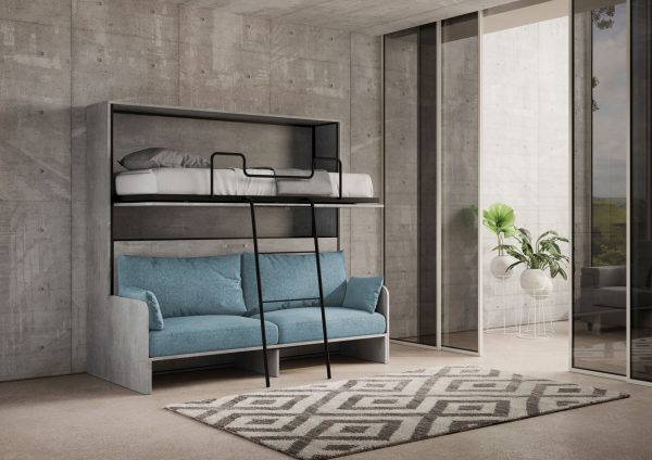 Letto doppio a scomparsa Kando con divano cemento, azzurro - immagine 5