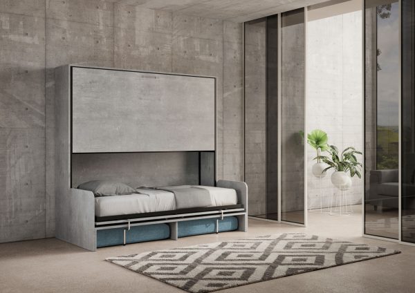 Letto doppio a scomparsa Kando con divano cemento, azzurro - immagine 4