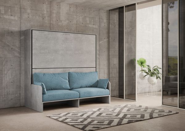 Letto doppio a scomparsa Kando con divano cemento, azzurro - immagine 2