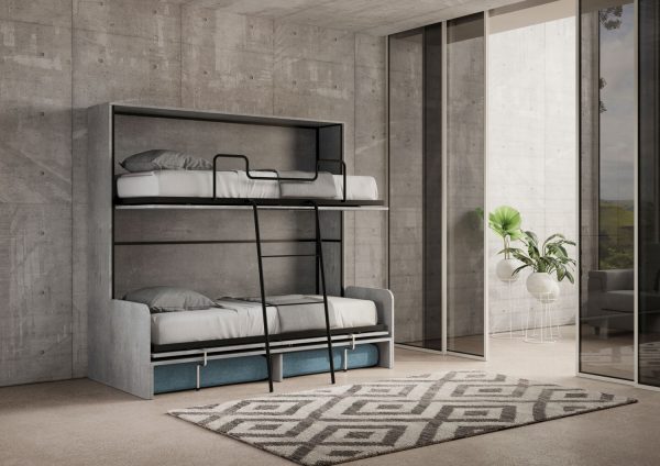 Letto doppio a scomparsa Kando con divano cemento, azzurro - immagine 6