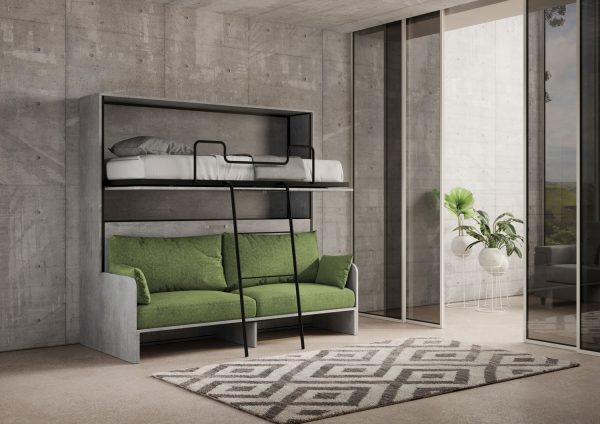 Letto doppio a scomparsa Kando con divano con materassi cemento, verde - immagine 5