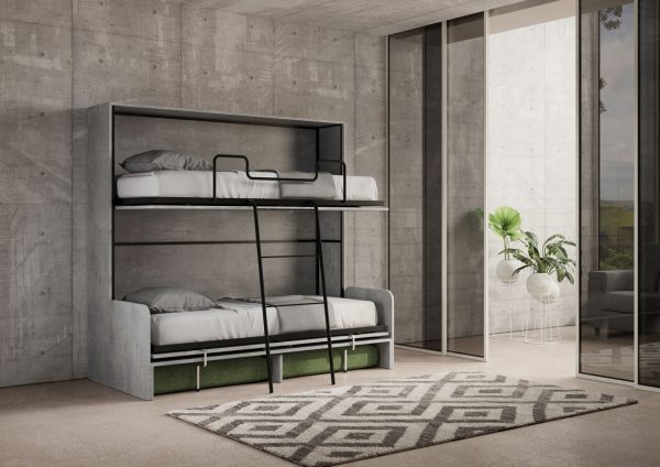 Letto doppio a scomparsa Kando con divano con materassi cemento, verde - immagine 6