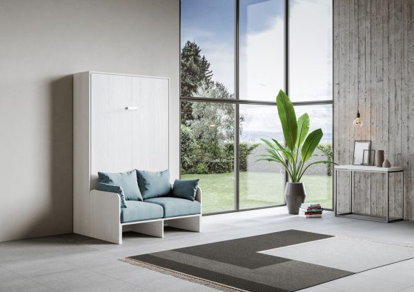 Letto una piazza e mezzo a scomparsa 120 Kentaro con divano bianco frassino, azzurro - immagine 2