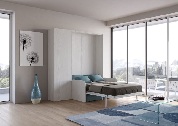 Letto una piazza e mezzo a scomparsa 120 Kentaro con divano e colonna bianco frassino, azzurro - immagine 3