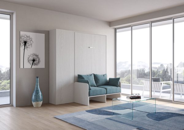 Letto una piazza e mezzo a scomparsa 120 Kentaro con divano e colonna bianco frassino, azzurro - immagine 2