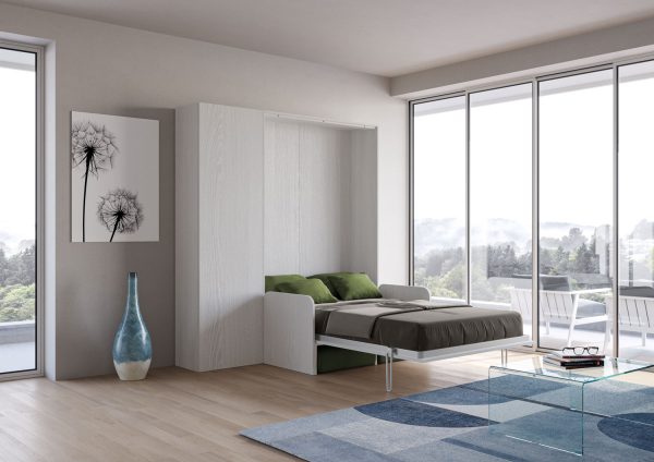 Letto una piazza e mezzo a scomparsa 120 Kentaro con divano e colonna bianco frassino, verde - immagine 3
