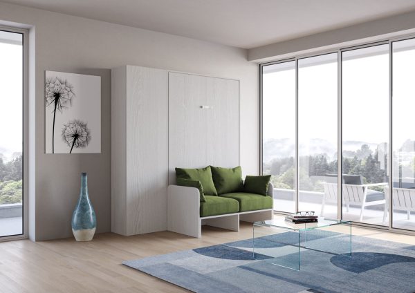 Letto una piazza e mezzo a scomparsa 120 Kentaro con divano e colonna bianco frassino, verde - immagine 2