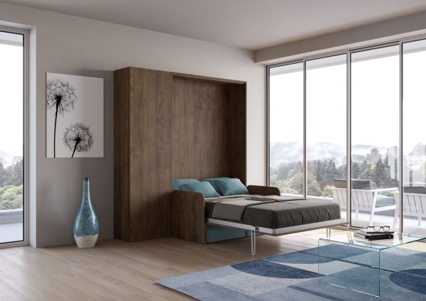 Letto una piazza e mezzo a scomparsa 120 Kentaro con divano e colonna noce, azzurro - immagine 3