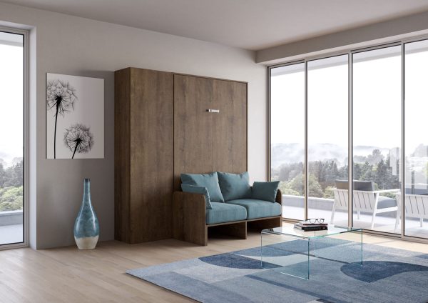 Letto una piazza e mezzo a scomparsa 120 Kentaro con divano e colonna noce, azzurro - immagine 2