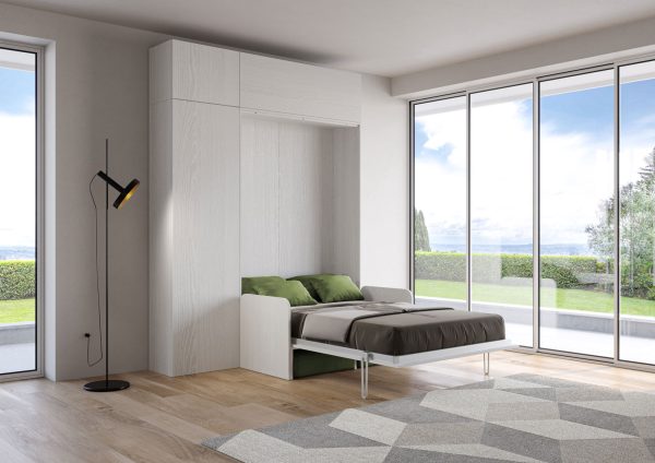 Letto matrimoniale francese a scomparsa 140 Kentaro con divano e mobili bianco frassino, verde - immagine 3