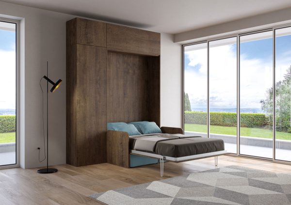 Letto una piazza e mezzo a scomparsa 120 Kentaro con divano e mobili noce, azzurro - immagine 3