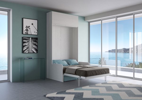 Letto una piazza e mezzo a scomparsa 120 Kentaro con divano e pensile  bianco frassino, azzurro - immagine 3