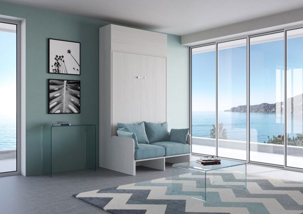 Letto una piazza e mezzo a scomparsa 120 Kentaro con divano e pensile  bianco frassino, azzurro - immagine 2