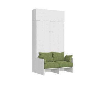 Letto una piazza e mezzo a scomparsa 120 Kentaro con divano e pensile  bianco frassino, verde