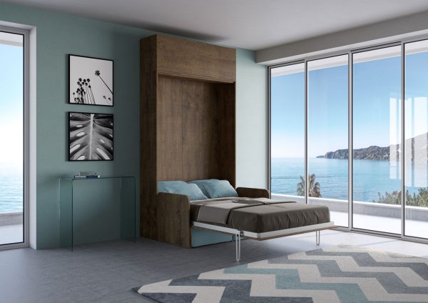 Letto una piazza e mezzo a scomparsa 120 Kentaro con divano e pensile  noce, azzurro - immagine 3