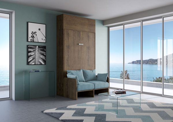 Letto una piazza e mezzo a scomparsa 120 Kentaro con divano e pensile  noce, azzurro - immagine 2