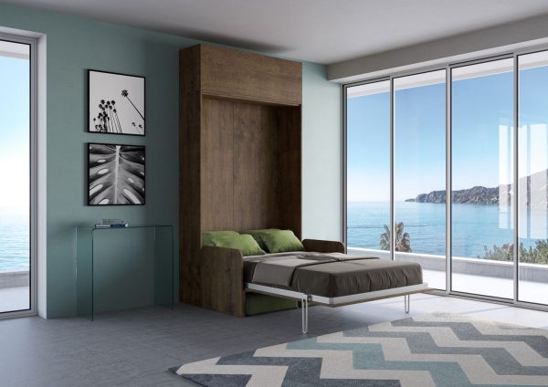 Letto una piazza e mezzo a scomparsa 120 Kentaro con divano e pensile  noce, verde - immagine 3