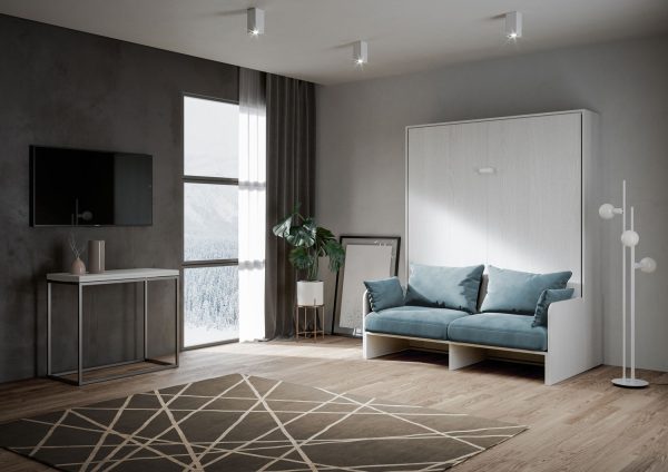 Letto matrimoniale a scomparsa 160 Kentaro con divano bianco frassino, azzurro - immagine 2
