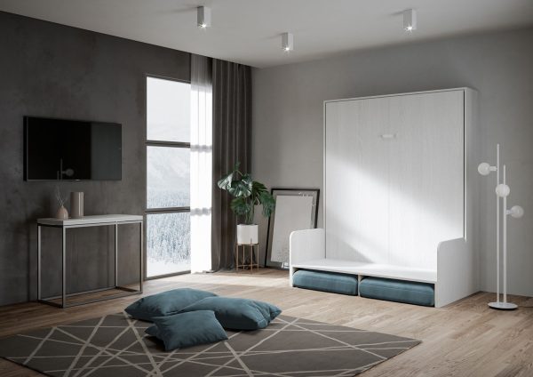 Letto matrimoniale a scomparsa 160 Kentaro con divano bianco frassino, azzurro - immagine 4