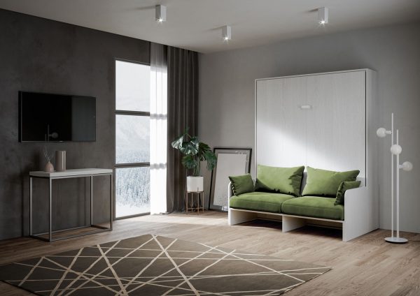 Letto matrimoniale a scomparsa 160 Kentaro con divano bianco frassino, verde - immagine 2