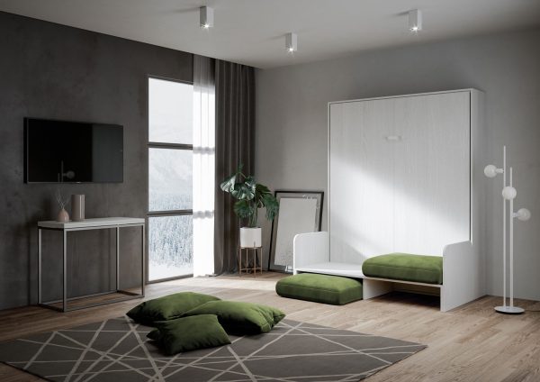 Letto matrimoniale a scomparsa 160 Kentaro con divano bianco frassino, verde - immagine 3