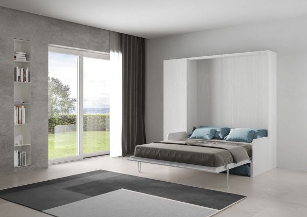 Letto matrimoniale a scomparsa 160 Kentaro con divano e colonna bianco frassino, azzurro - immagine 3