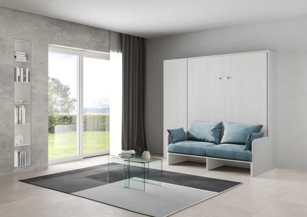 Letto matrimoniale a scomparsa 160 Kentaro con divano e colonna bianco frassino, azzurro - immagine 2